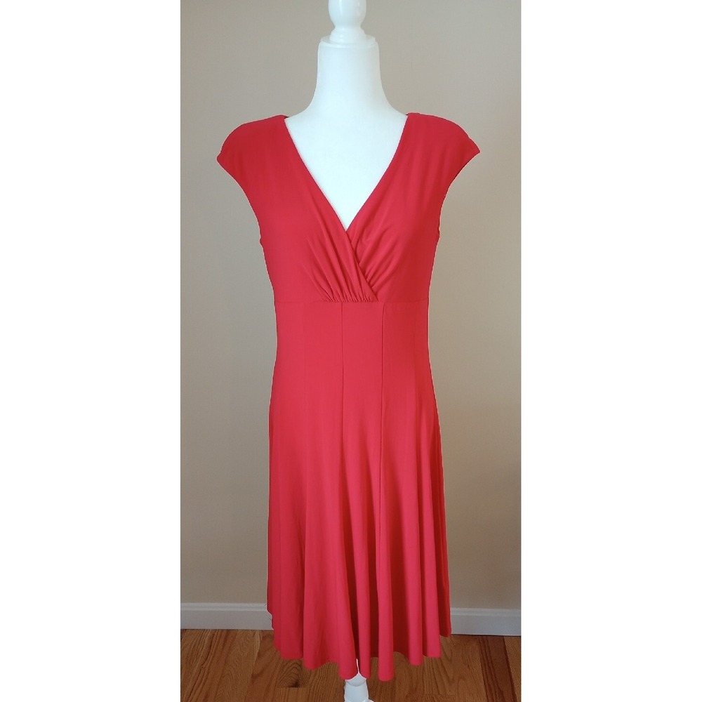 Lauren Ralph Lauren Cap Sleeve V Neck Midi Dress Size:10 Poppy Red NWT